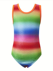 Girls Rainbow Sleeveless Gymnastics Jumpsuit For Dance Sports