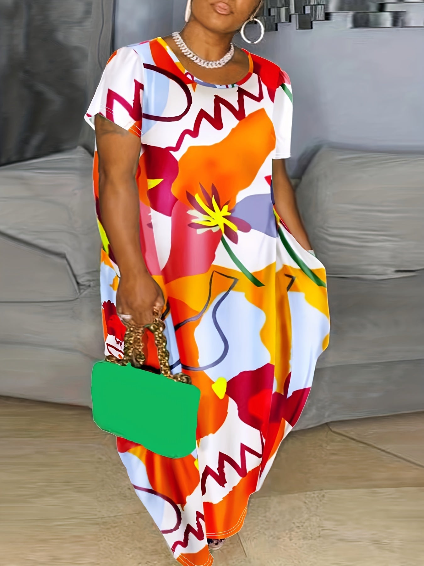 Casual Dress Women's Plus Print Short Sleeve Maxi Dress