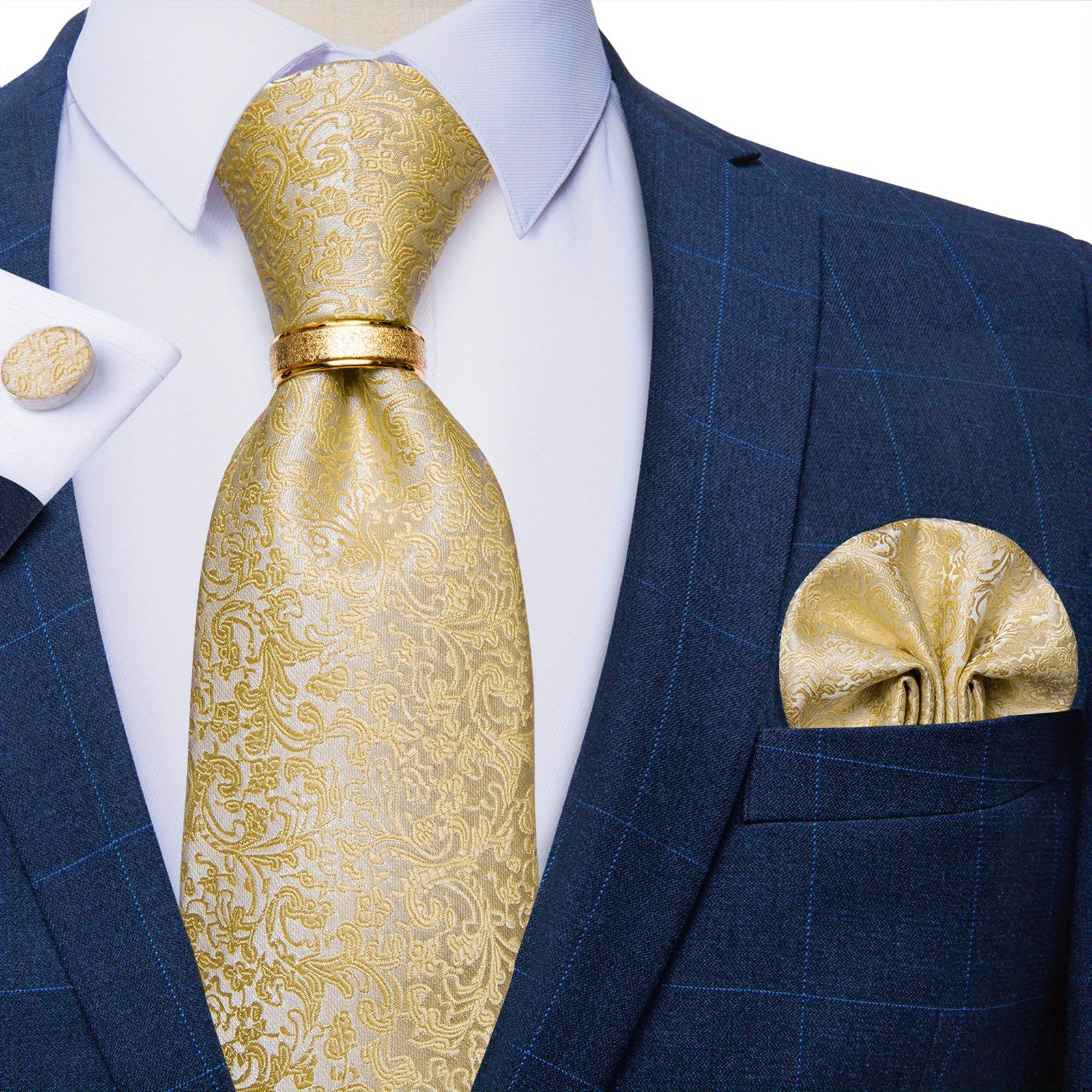 Men's Paisley Silk Tie Set with Handkerchief Cufflinks Ring