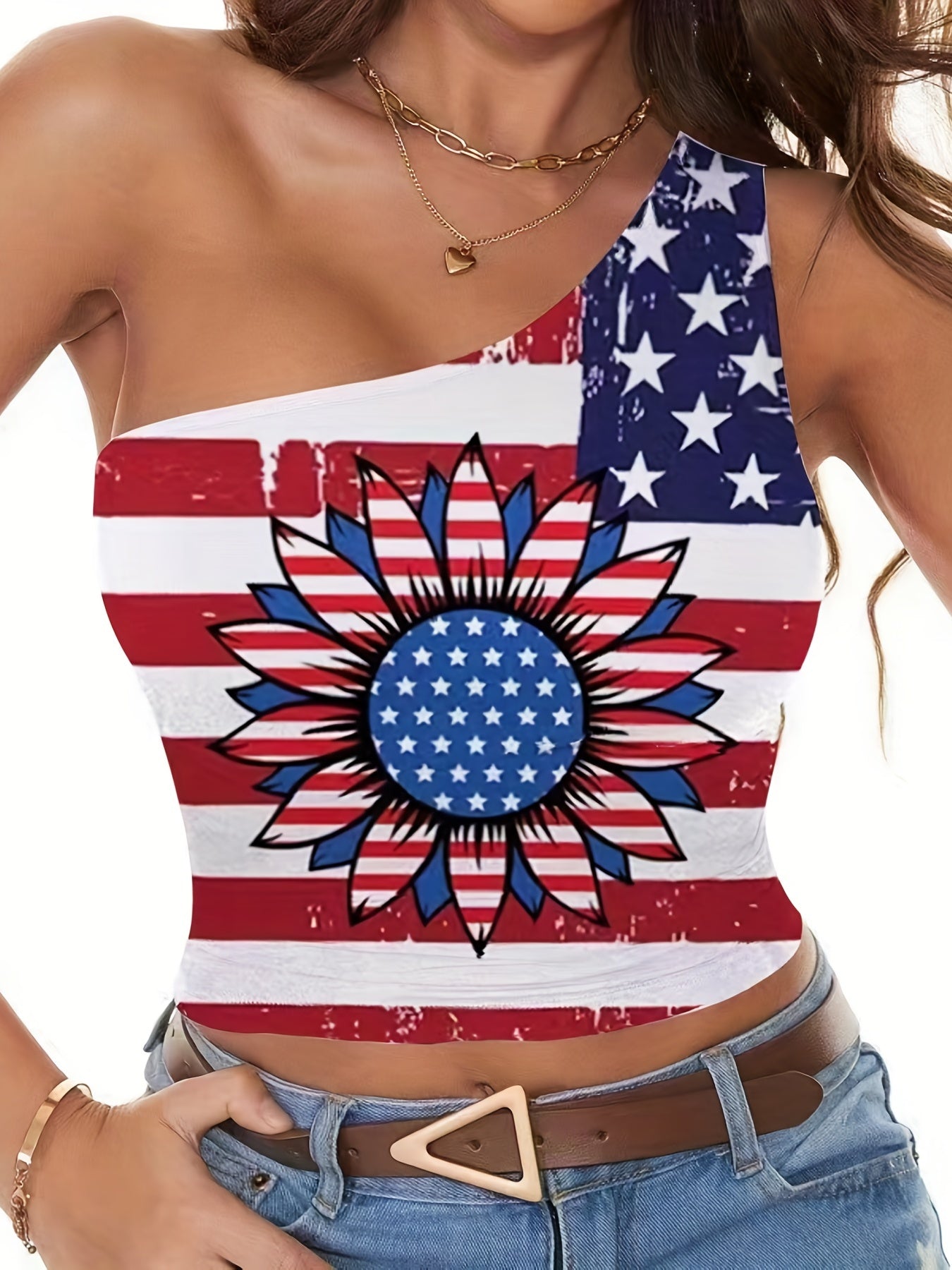 One Shoulder American Flag Print Top Sexy Independence Sleeveless Top