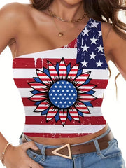 One Shoulder American Flag Print Top Sexy Independence Sleeveless Top