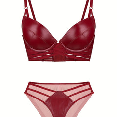 Solid Push Up Bra & Cut Out Panties Lingerie Set