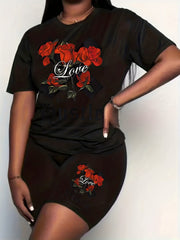 Rose & Letter Print Top & Shorts Set
