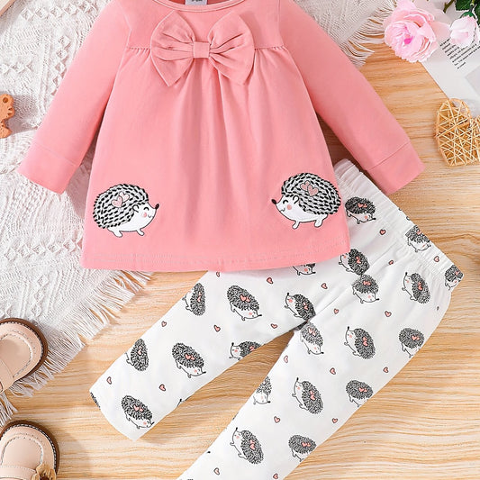 Girls Hedgehog Print Sweatshirt Dress & Full Print Pants Set