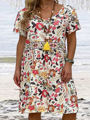 Boho Dress Women's Plus Floral Print Short Sleeve V Neck Midi Dress