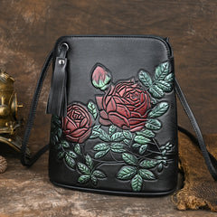 Floral Embossed Leather Crossbody Bucket Bag with Tassel