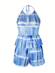 Tie Dye Matching Two piece Set Backless Halter Top & Elastic Shorts