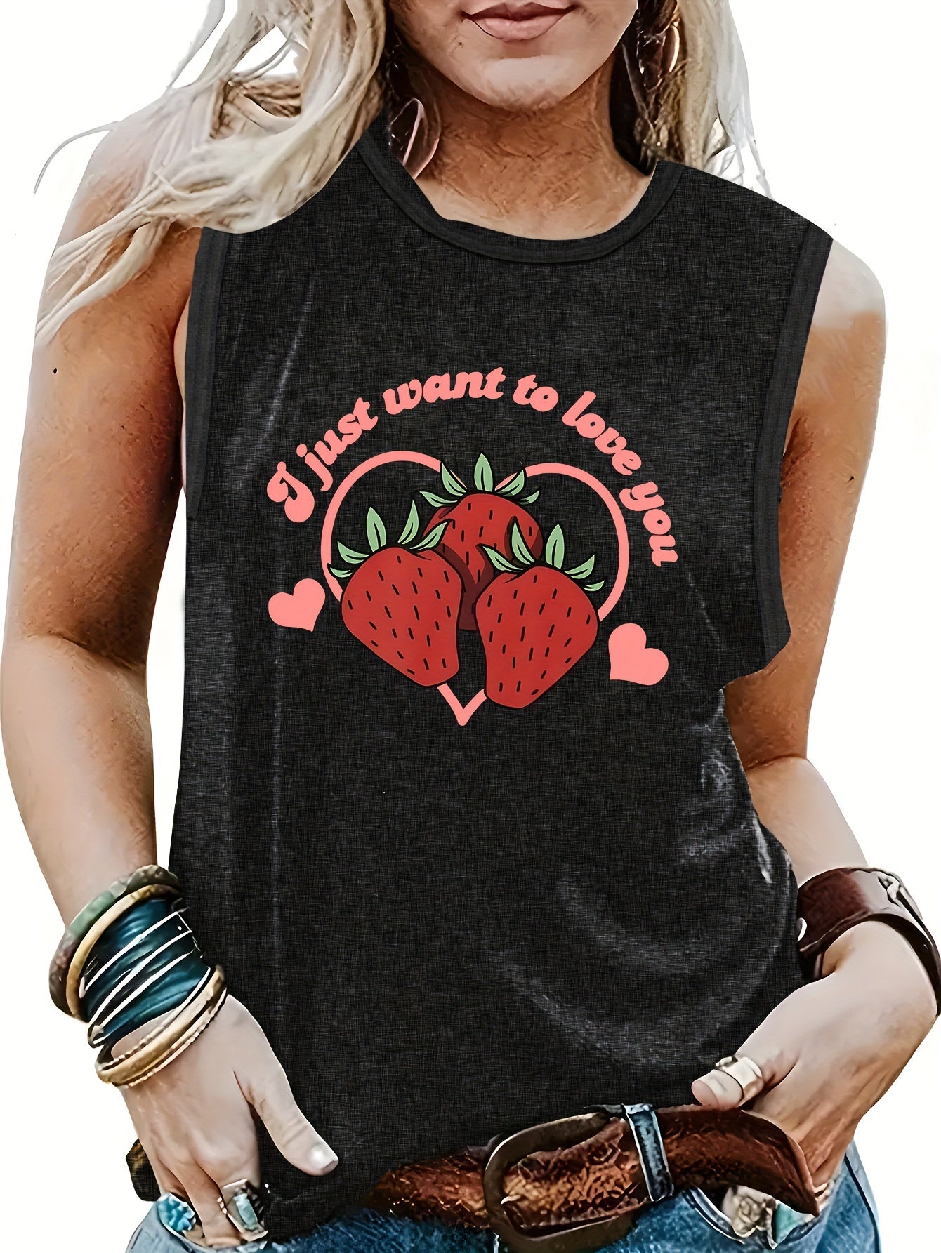 Strawberry Print Sleeveless Tank Top Summer Women's Clothing