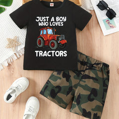 Boys Cartoon Tractor & Letter Print T-shirt & Shorts Set
