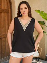 Casual V Neck Tank Top Women's Colorblock Lace Panel