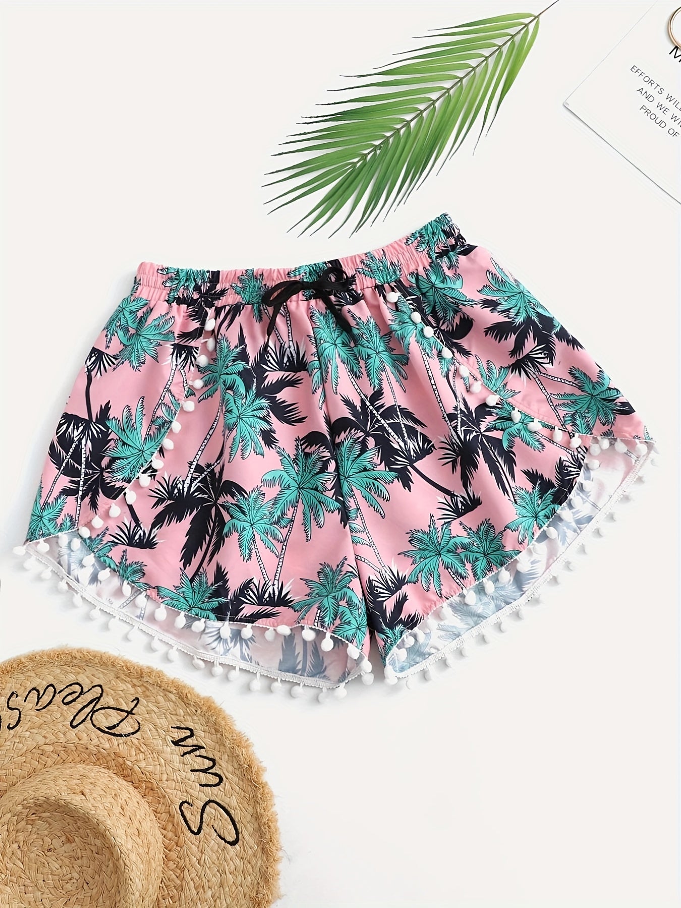 Tropical Print Mini Bow Pompom Trim Shorts