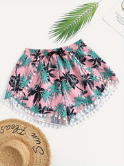 Tropical Print Mini Bow Pompom Trim Shorts