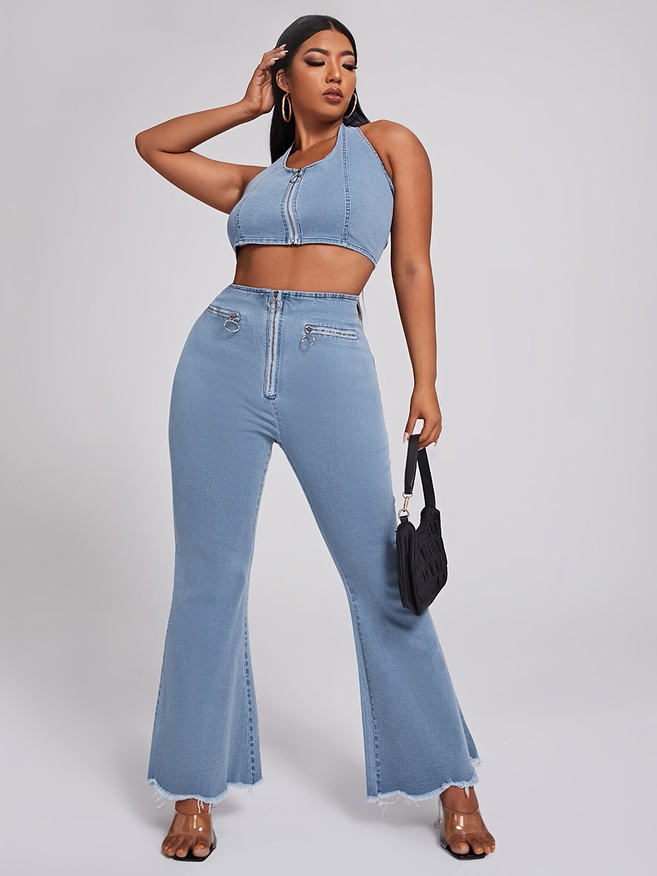 Y2K Denim Halter Neck Crop Top & Flared Leg Jeans Set Plus Size