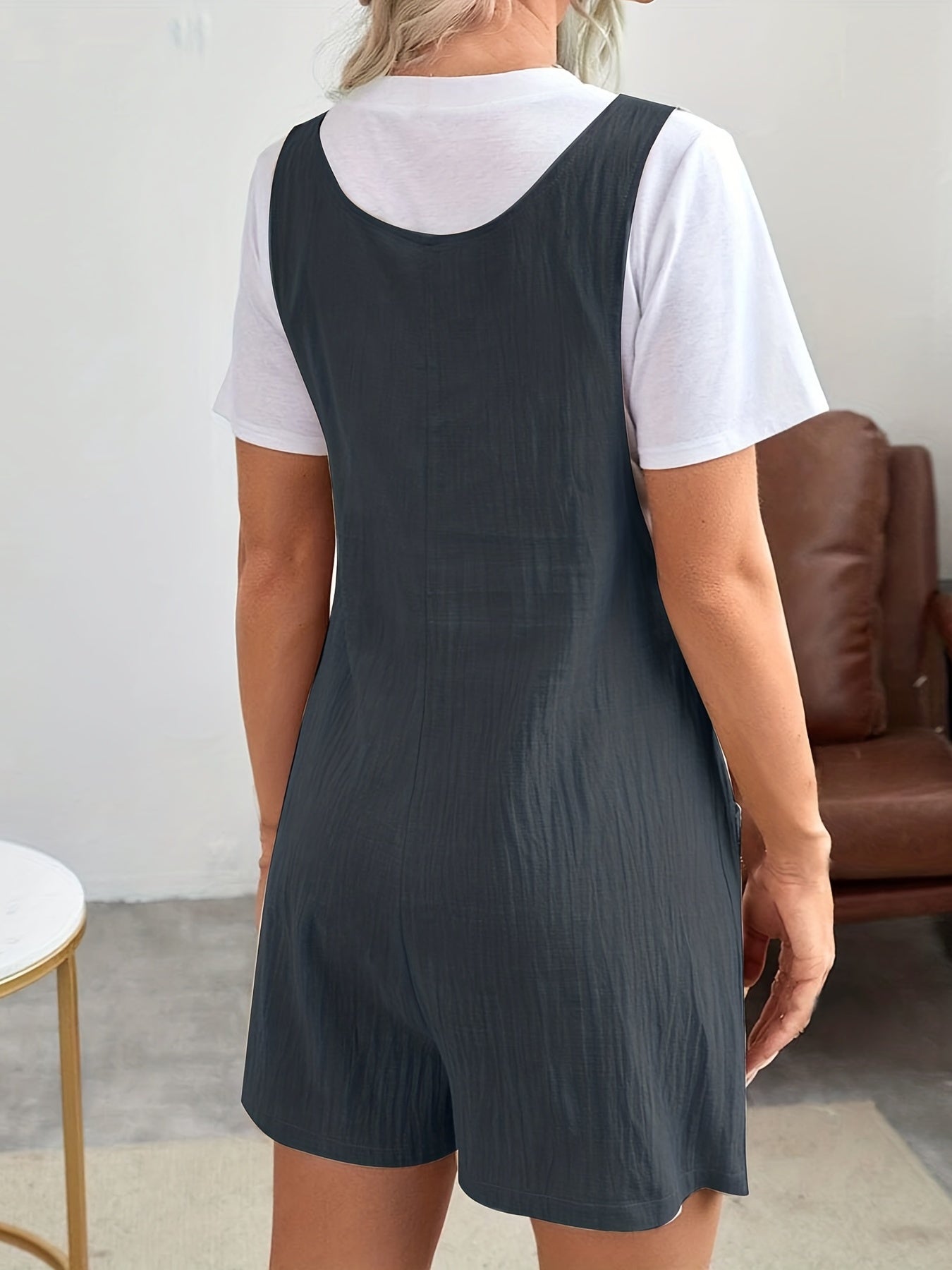 Button Front Overall Romper Casual Sleeveless Romper