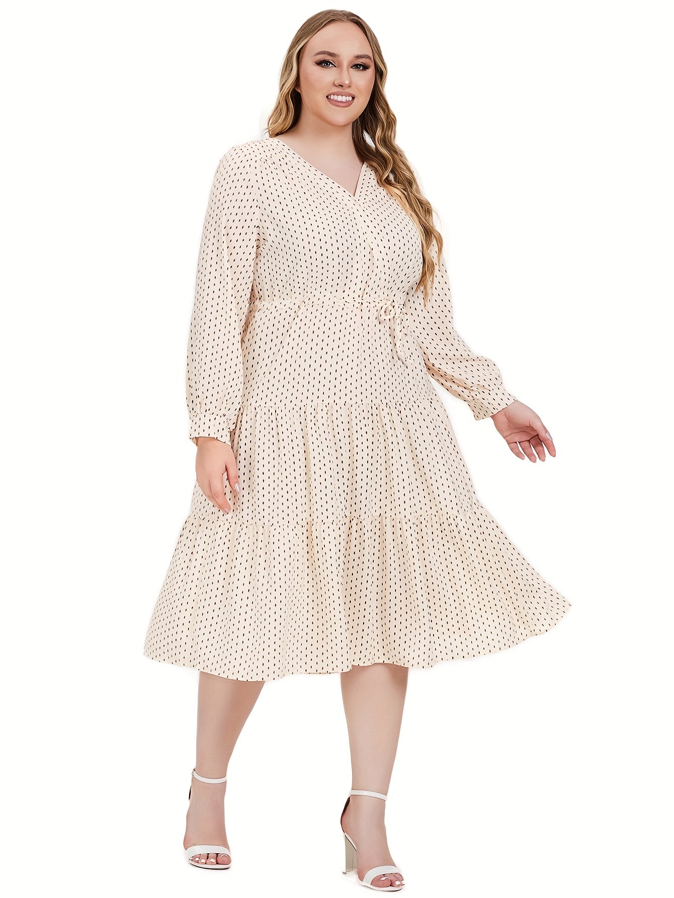 Plus Dot Print Lantern Sleeve Midi Smock Dress