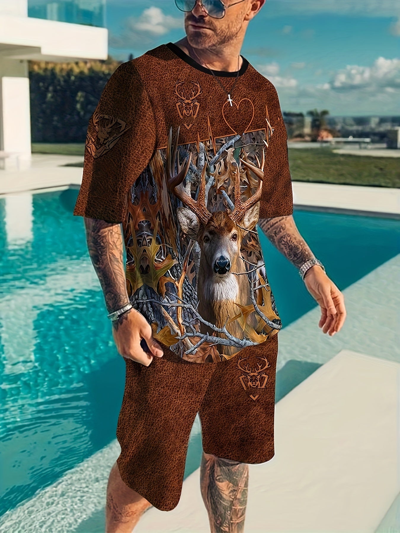 Deer Pattern Men's 2 Piece Outfit Short Sleeve T-shirt & Shorts Set for Summer