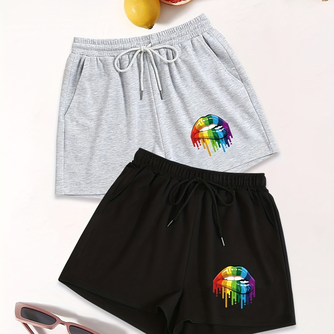 Colorful Lips Print Shorts 2 Pack Casual Drawstring Elastic Waist Shorts