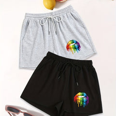 Colorful Lips Print Shorts 2 Pack Casual Drawstring Elastic Waist Shorts