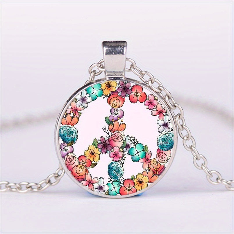 Sweet Flower Peace Sign Round Pendant Necklace for Girls