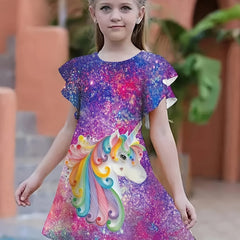 Girls Unicorn Print Dress Ruffle Trim Spring Summer Party Holiday Gift
