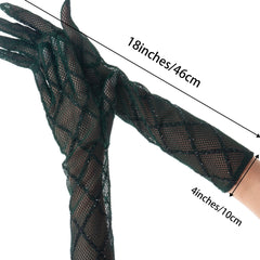 Dark Green Mesh Long Gloves Vintage Plaid Dress Up Elastic Gloves