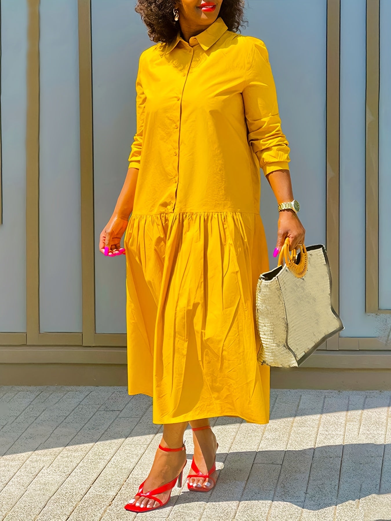 Solid Long Sleeve Shirt Dress With Pockets
