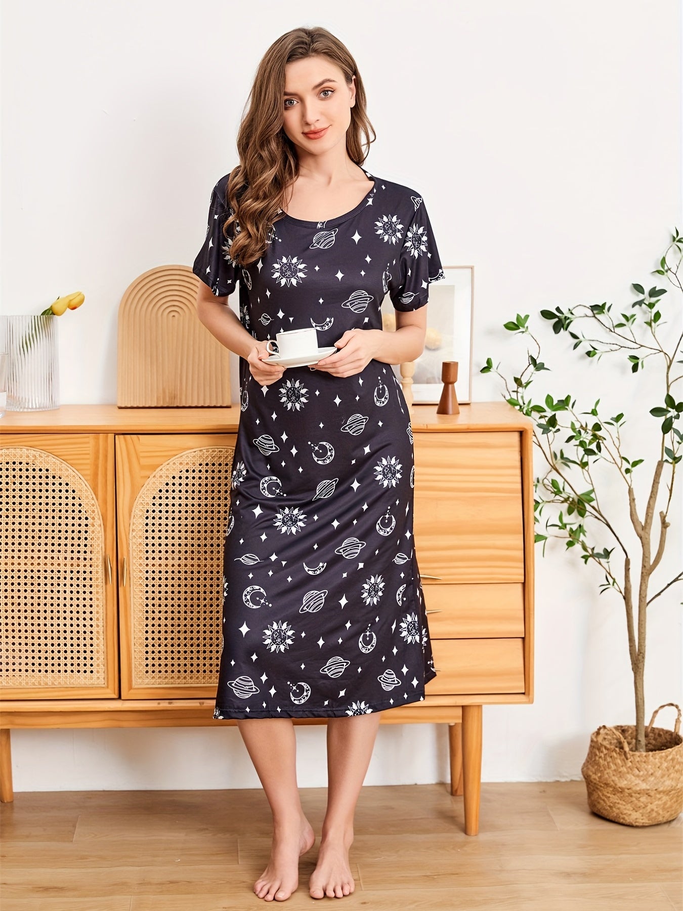 Starry Print NightDress Short Sleeve Crew Neck Pajama Dress