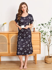 Starry Print NightDress Short Sleeve Crew Neck Pajama Dress