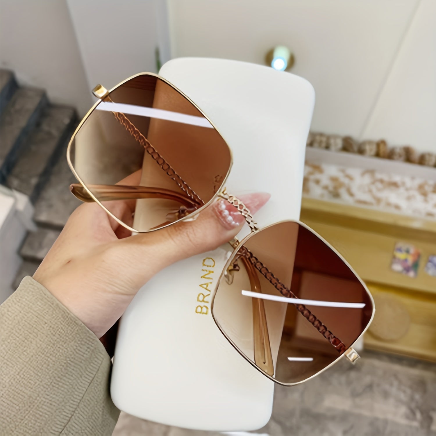 Large Square Sunglasses Gradient Chain Metal Glasses UV400