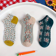 5 Pairs Vintage Floral Textured Short Socks Women's Stockings