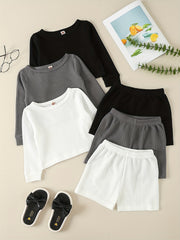 Girl's Solid 2pcs Long Sleeve Top & Shorts Set Waffle Texture Outfit