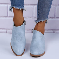 Women's Ankle Stacked Heel Short Boots V Cut Side Zipper
