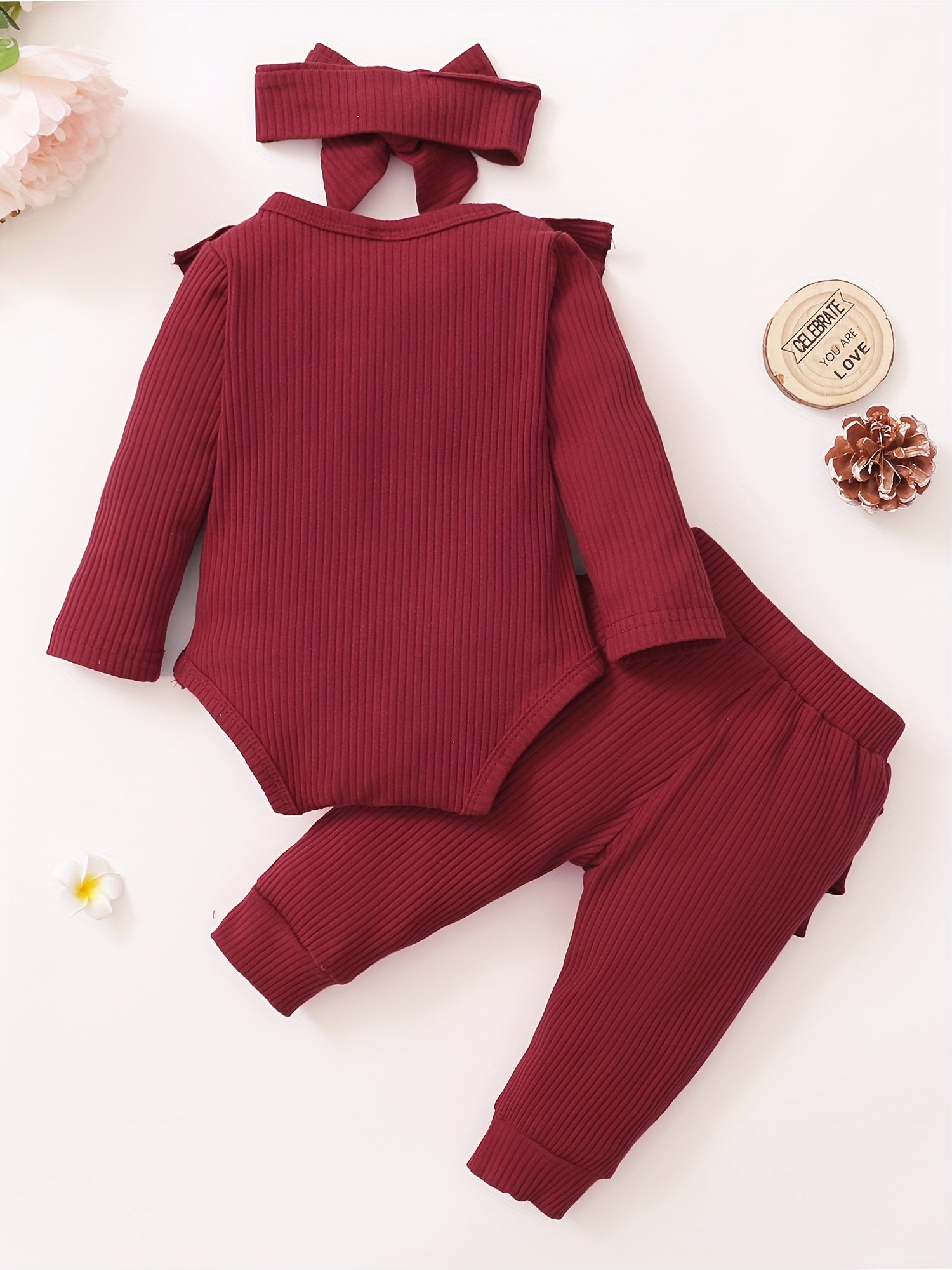 3pcs Baby Girls Letter Print Ruffle Bodysuit Set & Headband