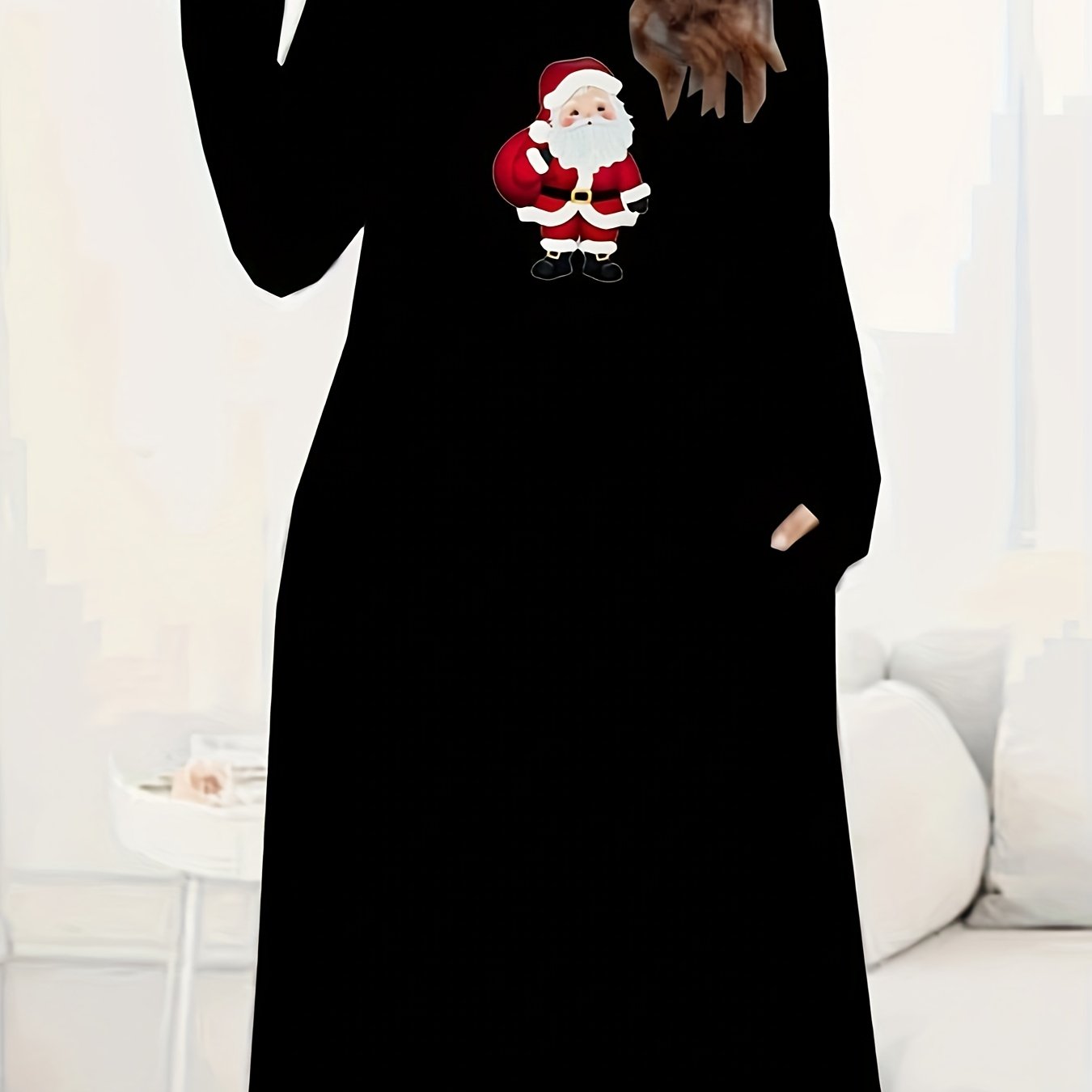 Women's Plus Santa Claus Print Long Sleeve Round Neck Tee Dress