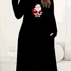 Women's Plus Santa Claus Print Long Sleeve Round Neck Tee Dress