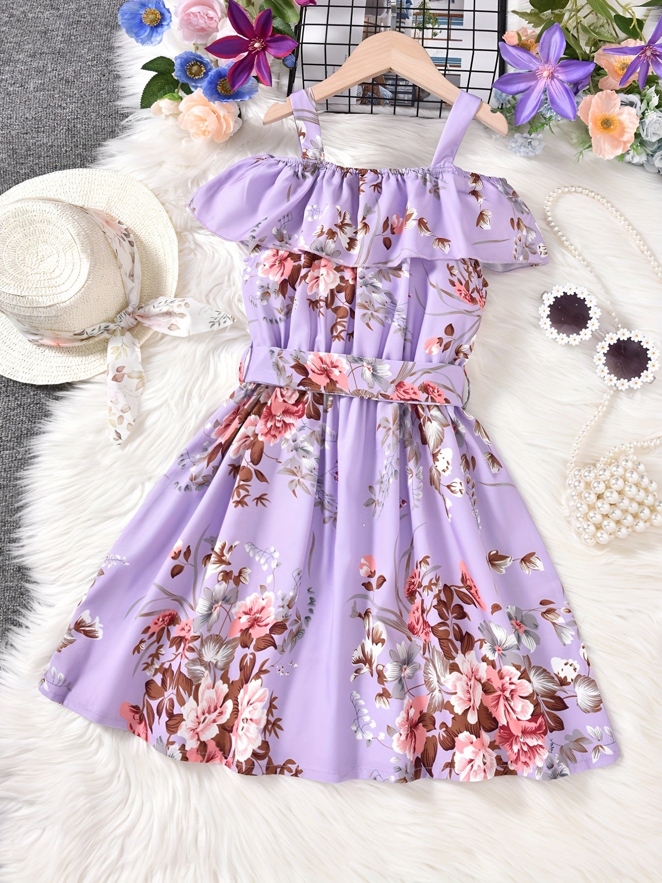 Girls Cold Shoulder Ruffle Trim Flowers Graphic Princess Dress