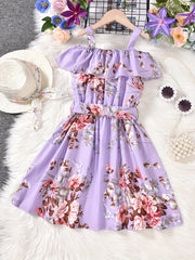Girls Cold Shoulder Ruffle Trim Flowers Graphic Princess Dress