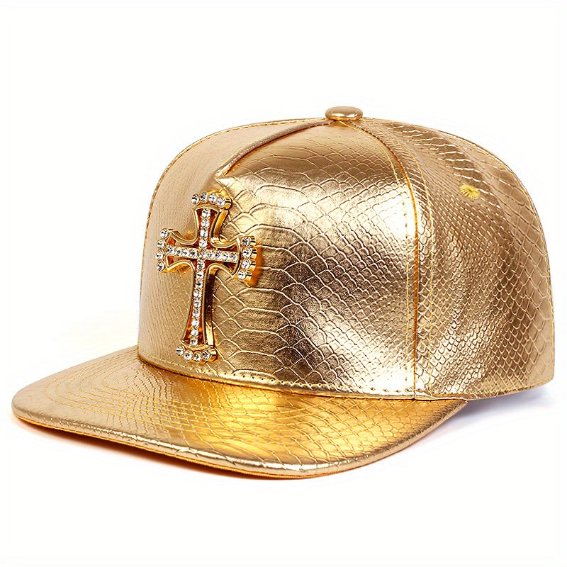 Rhinestone Metal Cross Baseball Cap Solid PU Leather Hip Hop Sports Hats