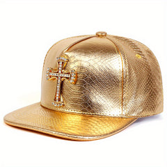 Rhinestone Metal Cross Baseball Cap Solid PU Leather Hip Hop Sports Hats