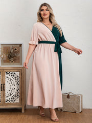 Colorblock Puff Sleeve Maxi Dress With Belt