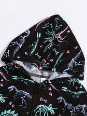 Luminous Dinosaur Print Boys Hoodie Zip Sweatshirt Pocket