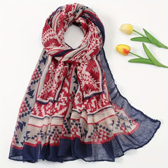 Red Geometric Print Voile Scarf Vintage Thin Classic Windproof Wraps