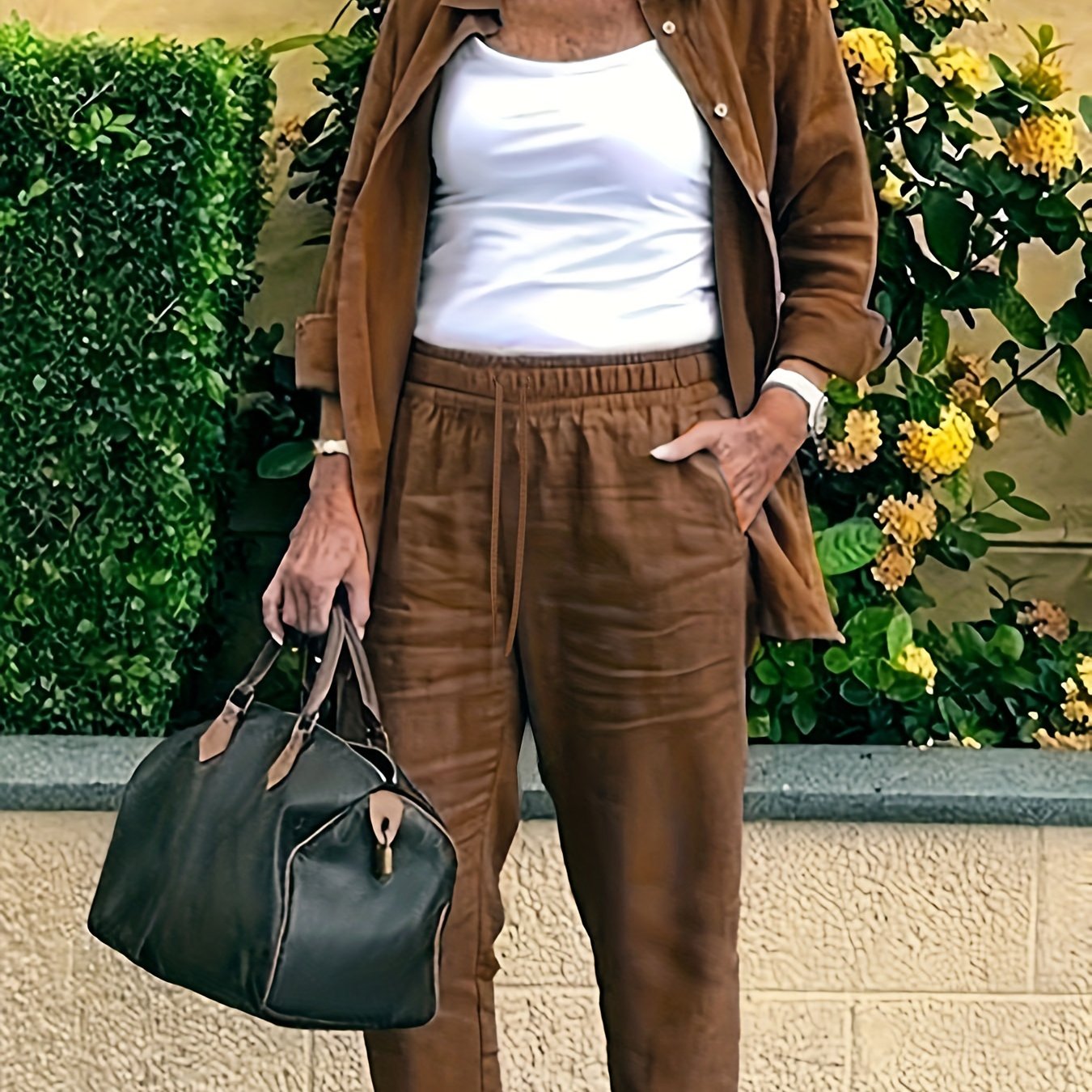 Solid Long Sleeve Button Up Shirt & Pants Outfit Set