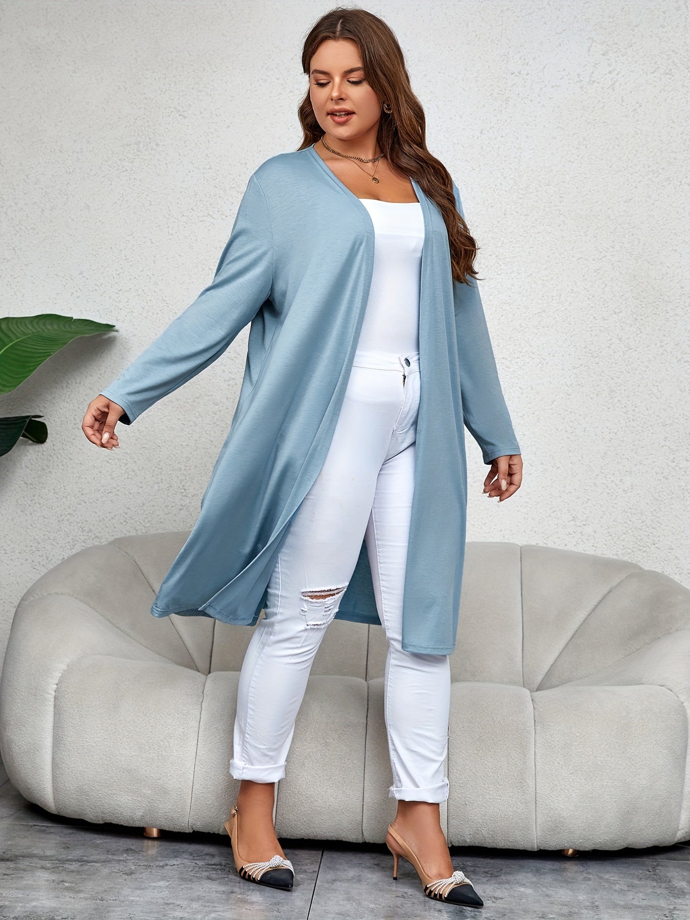 Solid Open Front Long Sleeve Cardigan