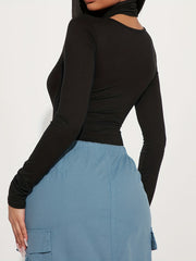 Criss Cross Halter Neck Bodysuit Square Long Sleeve
