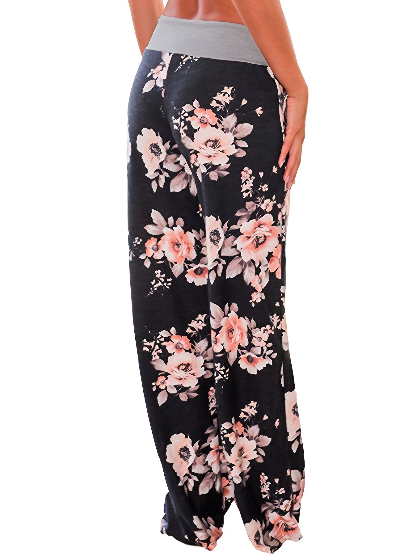 Flower Print Loose Pants Casual Lace up High Waist Wide Leg