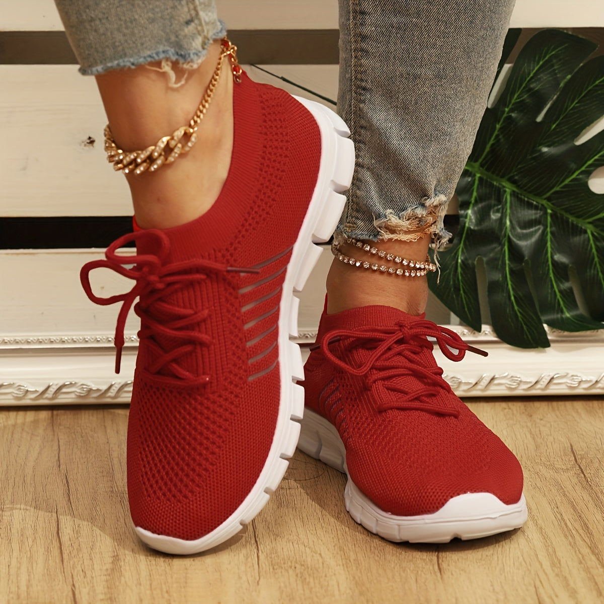 Women's Knitted Sports Shoes Comfy Solid Low Top Running Shoes