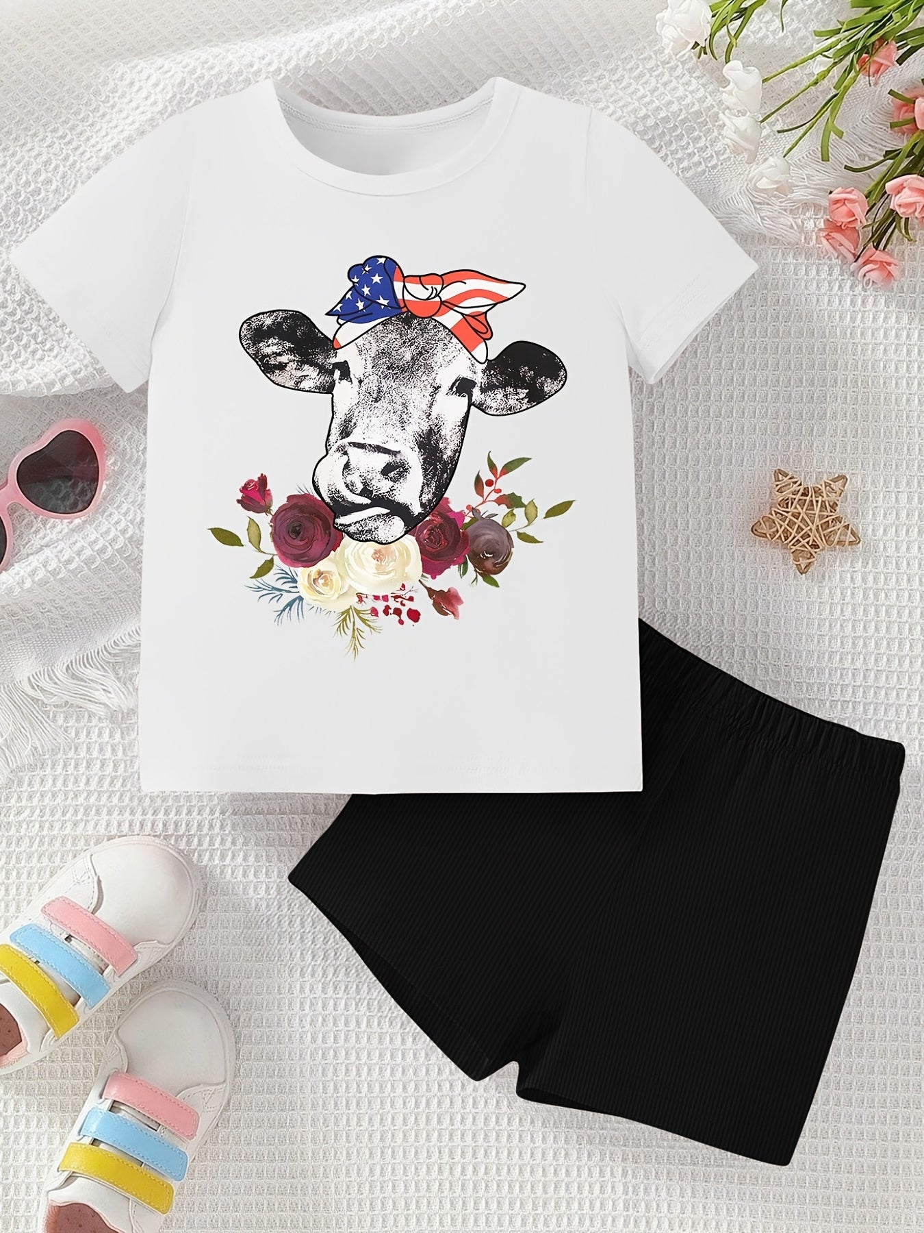 Bull Pattern Girl's 2pcs T Shirt & Shorts Set for Summer