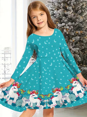 Snowflake Graphic Long Sleeve Dress Girls Christmas Party