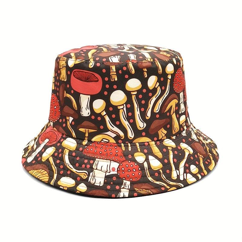 Brown Mushroom Print Bucket Hat Reversible Cartoon Sunscreen Basin Hat